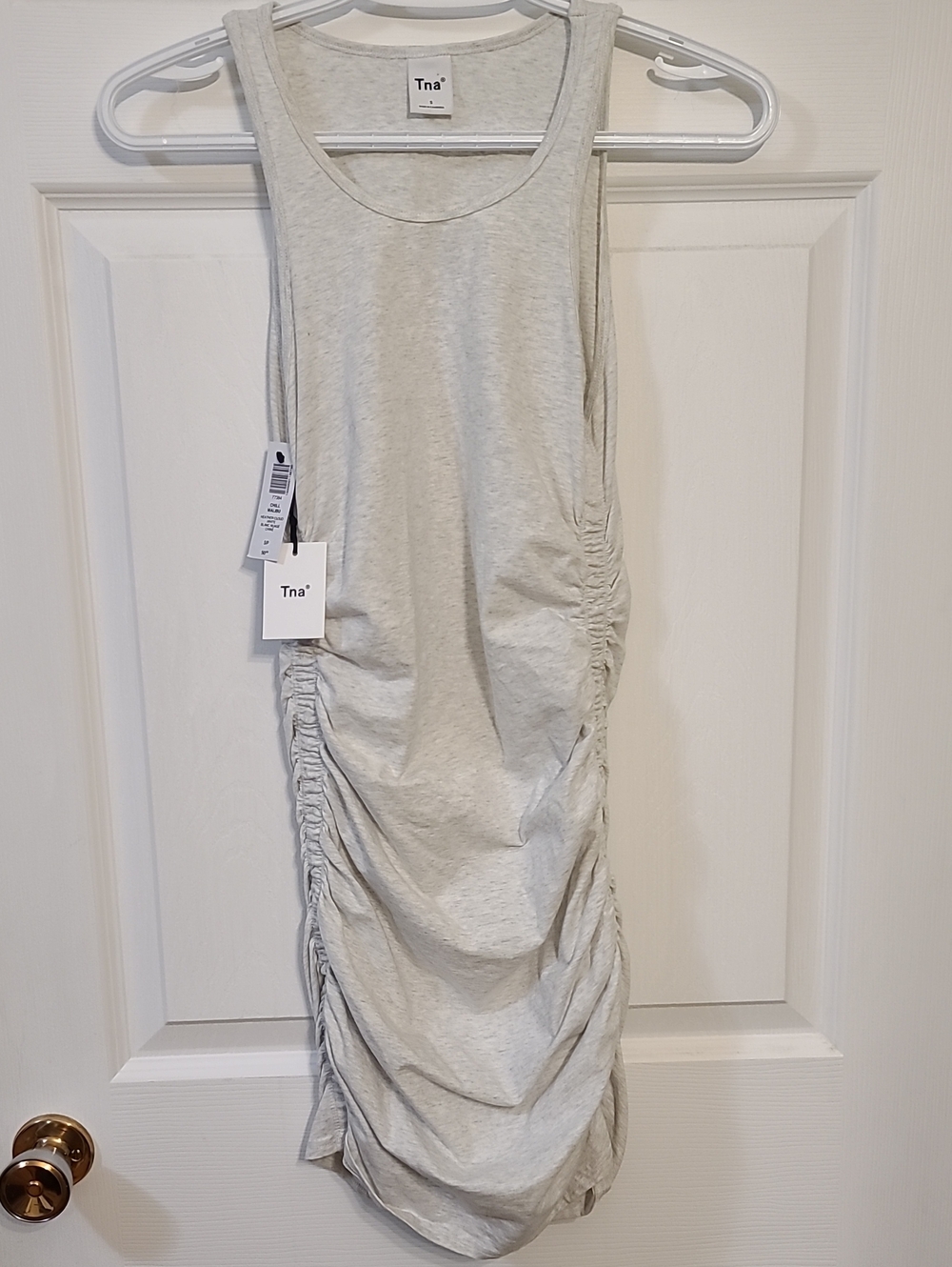 NWT TNA Chill Malibu Fitted Ruched Dress Heather Cloud White Grey